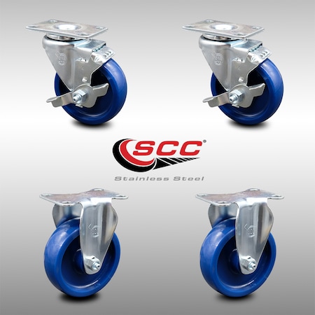 Service Caster 4 Inch SS Solid Polyurethane Top Plate Caster Set with 2 Brake 2 Rigid SCC SCC-SS20S414-SPUS-TLB-2-R-2